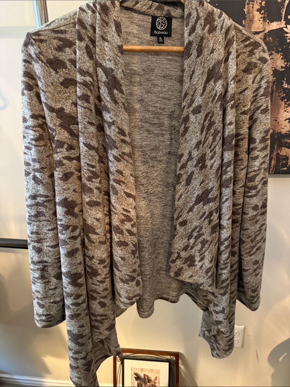 bobeau Brown and Cream Draped Open-Front Cardigan